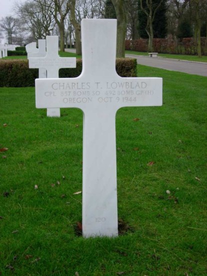 Grave of Corporal Charles T. Lowbald at Cambridge American Military Cemetery