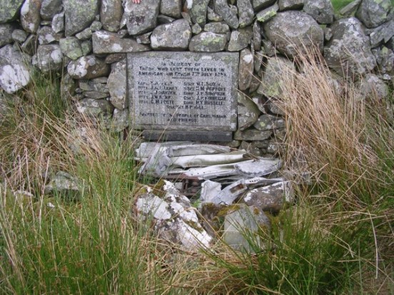 Memorial and wreckage close to the crash site of Boeing KB-29P 44-83950 at Carsphairn, Dumfries & Galloway
