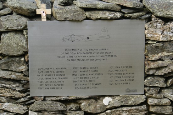Memorial plaque below the crash site of B-17 44-8639 on Craig Cwm Llwyd, Copyright - Peak District Air Accident Research