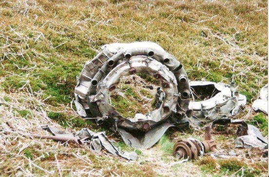 Wreckage at the crash site of Douglas C-54A 45-543 on Stake House Fell, Garstang, Lancashire