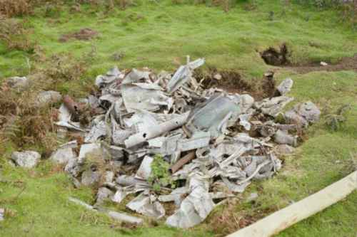 Wreckage at the crash site of Stirling EE975 on Old Cote Moor, Littondale, Yorkshire