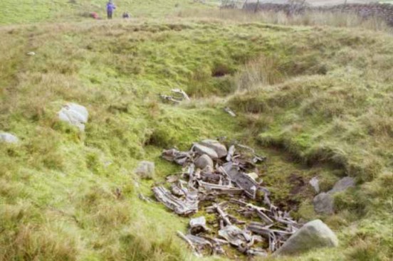Wreckage at the crash site of Wellington HE226, Bycliffe, Conistone, Wharfedale, Yorkshire