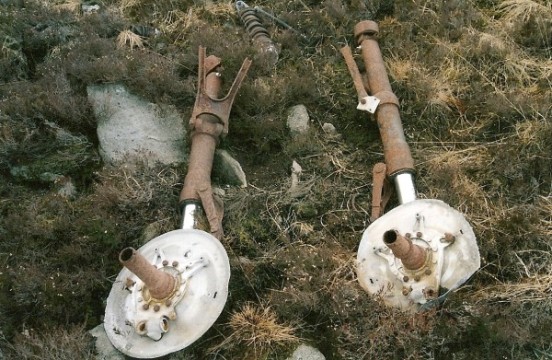 Main undercarriage oleos at the crash site of Vought Chesapeake AL941 in Glean Diomhan, Lochranza