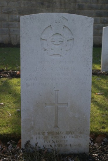 Grave at Harrogate (Stonefall) Cemetery of Flying Officer Edson G. Armour, Navigator of Halifax LL178