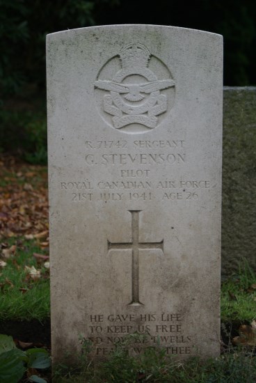 Grave of Sergeant George Stevenson, RCAF, at Carlisle (Dalston Road) Cemetery, killed in Hawker Hurricane Mk.I W9112 on Lowther Hill
