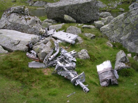 Aircraft wreckage, at Ffynnon Llyffant, near the crash site on Carnedd Llewelyn (Snowdonia) of English Electric Canberra WK129
