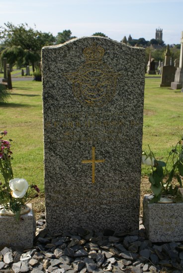Grave of Flight Lieutenant Patrick Peter Harrison at Kilwinning (Bridgend) Cemetery, killed in Panavia Tornado ZG708 in Glen Ogle near Killin