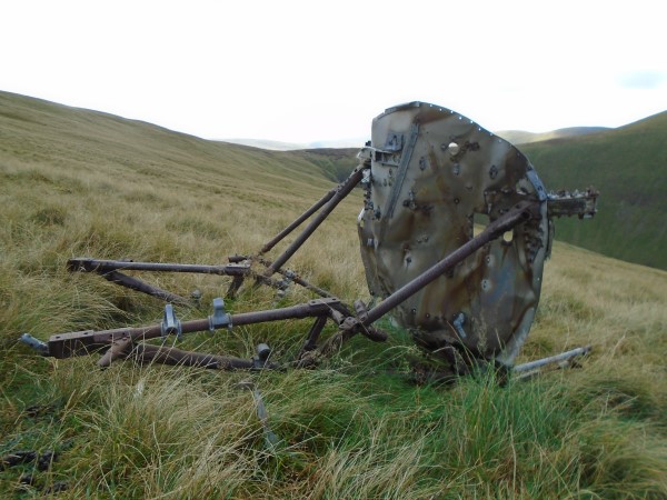 Wreckage, engine firewall and bearers, at the crash site of Miles Master Mk.I N7761 on Broad Law, Scottish Borders